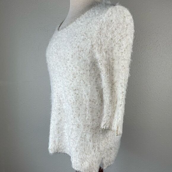 Chicos Fuzzy Gold Metallic Sweater Top Size 1P EUC - Picture 4 of 9